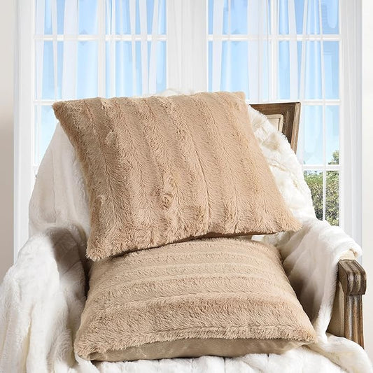 Cheer Collection Faux Fur Throw Pillows - Decorative Pillows for Couch, Bed Throw Pillows, Sand Accent Pillows for Bedroom or Living Room Aesthetic, Set of 2 Furry Throw Pillows, 26" x 26"