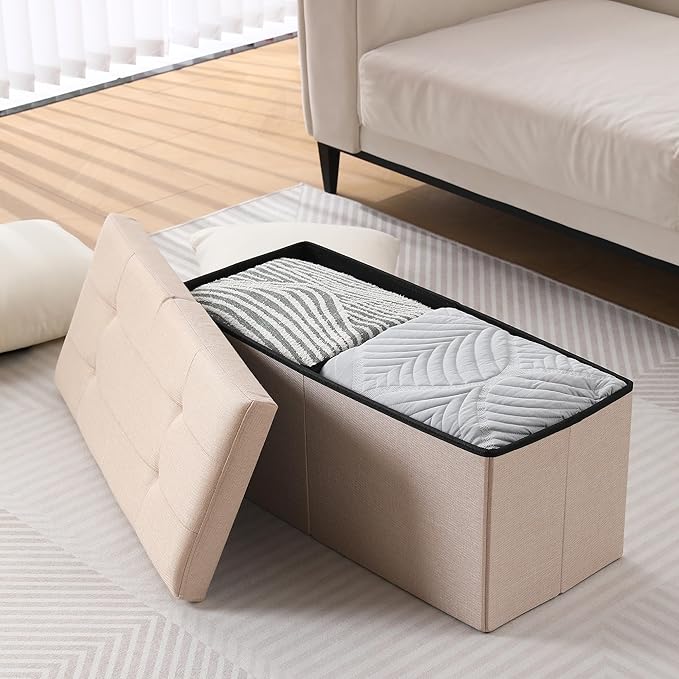 CUYOCA Storage Ottoman Bench Foldable Seat Footrest Shoe Bench End of Bed Storage with Flipping Lid, 75L Storage Space, 30 inches Linen Fabric Sandy Beige