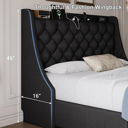 Full Size Upholstered Platform Bed Frame with 4 Storage Drawers and Charging Station, Linen Button Tufted Wingback Headboard, Sturdy Wooden Support Slats, No Box Spring Needed, Black