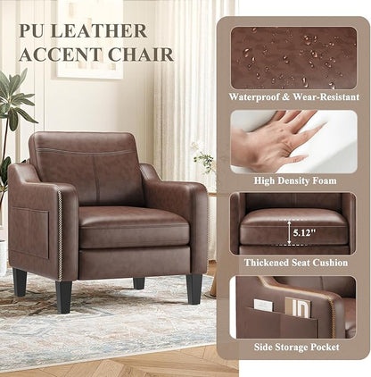 PU Leather Accent Chair, Mid-Century Modern Living Room Armchair Sofa with Removable Cushions, Solid Wood Frame & Stitched Armrest Design, Bedroom Chair with Plastic Legs, Chocolate Brown