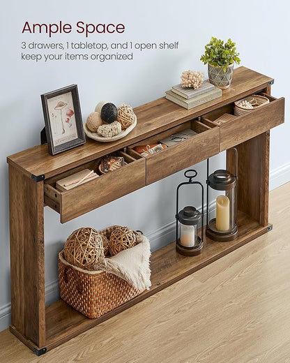 VASAGLE Sofa Console Table, 47.2 Inches Narrow Entryway Table with 3 Drawers, Bottom Shelf, Metal Corners, for Living Room, Bedroom, Farmhouse Style, Honey Brown ULNT143KB01S