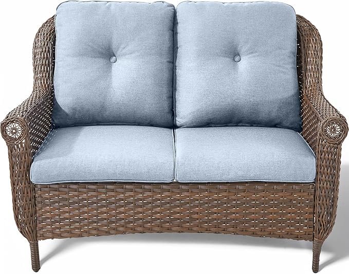 Patio Loveseat Outdoor Wicker Sofa - Heavy Duty All-Weather Brown Rattan 2-Person Sofas with High Back and Comfortable Thick Cushions for Garden Back Porch Poolside Apartment - Baby Blue