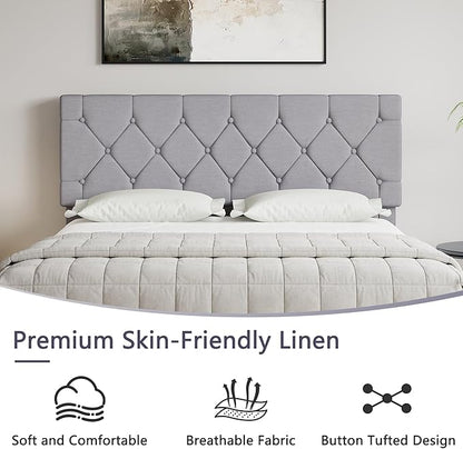VECELO Full Bed Frame with Headboard, Upholstered Platform Bedframe with Wooden Slat Support, Button Tufted Design, No Box Spring Needed, Linen Grey