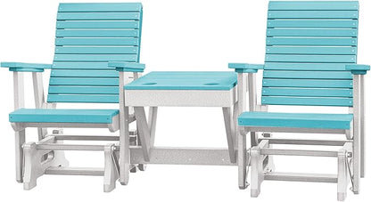 DutchCrafters Modern Horizontal Slat High Back Poly Double Glider Chairs with Center Table Outdoor Patio Furniture (White & Aruba Blue)