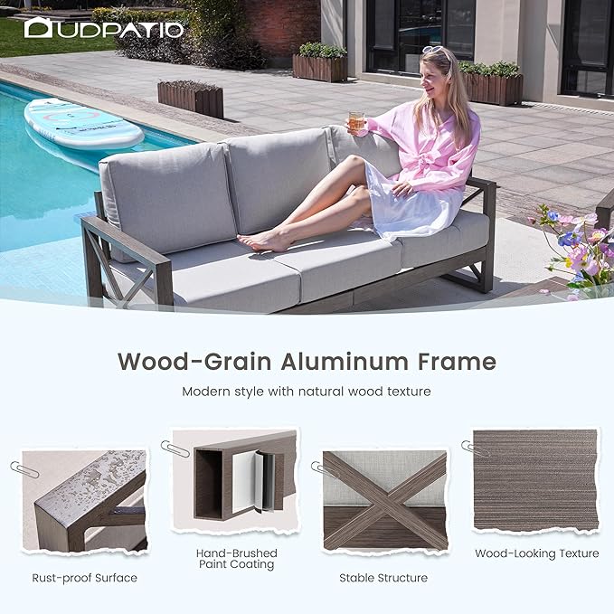 UDPATIO Aluminum Patio Furniture Set, 4 Piece Faux Wood Outdoor Patio Sets with Coffee Table, Metal Patio Furniture Set Modern Outdoor Sectional for Deck Porch Patio, Light Grey