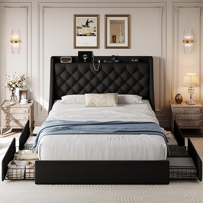 Full Size Upholstered Platform Bed Frame with 4 Storage Drawers and Charging Station, Linen Button Tufted Wingback Headboard, Sturdy Wooden Support Slats, No Box Spring Needed, Black