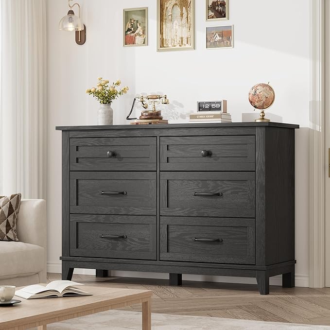 GarveeHome 6 Dresser for Bedroom, 47 in Wide Drawer Dresser with Storage Freestanding, Wooden Closet Storage Chest for Living Room, Bedroom, Entryway, Black