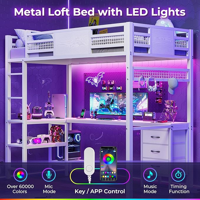 ADORNEVE Loft Bed Twin Size with L-Shaped Desk, LED Lights,Charging Station, Twin Metal Loft Bed Frame with Fabric Drawers & Shelve, 13.4" H Safety Guardrail, No Box Spring Needed, White