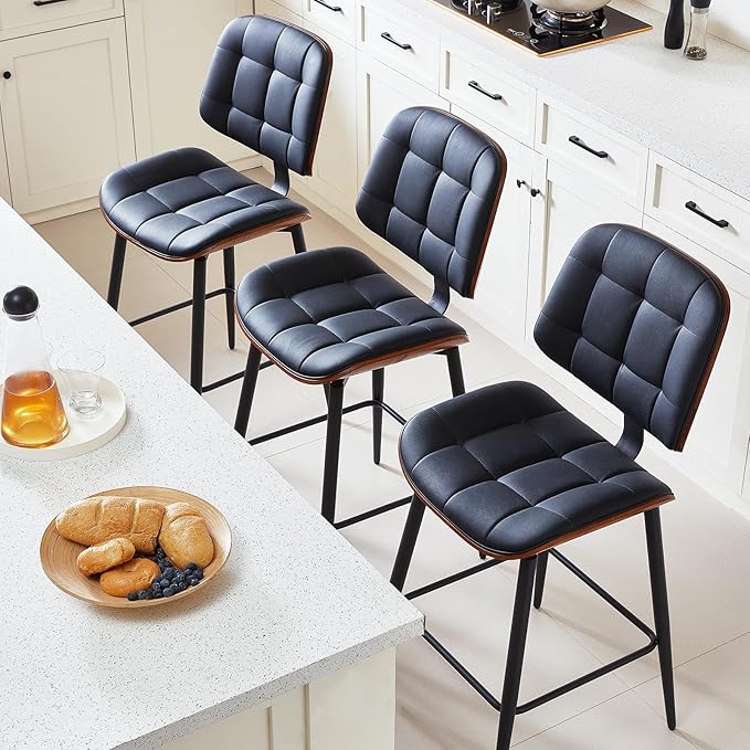 Mid Century Modern Bar Stools Set of 3 for Kitchen Island,Upholstered Black Faux Leather Counter Height stools,26 Inch Counter stools with Walnut Grain Back