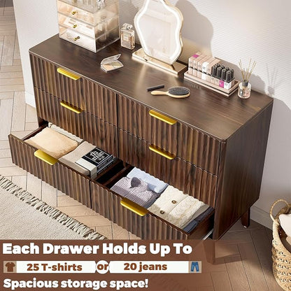 Modern 6 Drawer Dresser, Walnut, Fluted Wave Design, Rounded Corners, Mid Century Dresser TV Stand, 48" Wide Chest of Drawers for Bedroom and Living Room