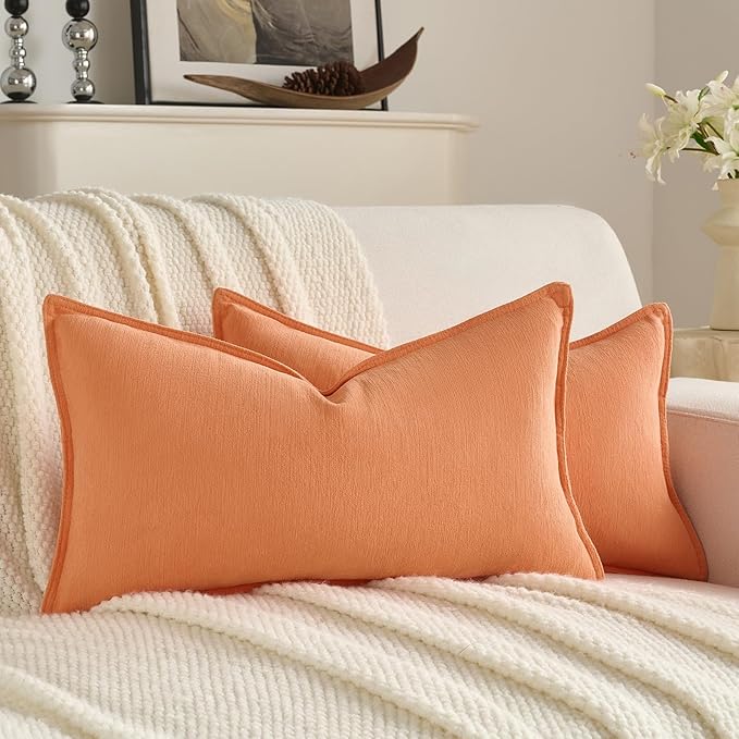 FUTEI Orange Chenille Throw Pillow Covers 12x20 Inch Set of 2,Edges Double-Stitched Lumbar Pillow Cases,Modern Home Decor for Couch Living Room