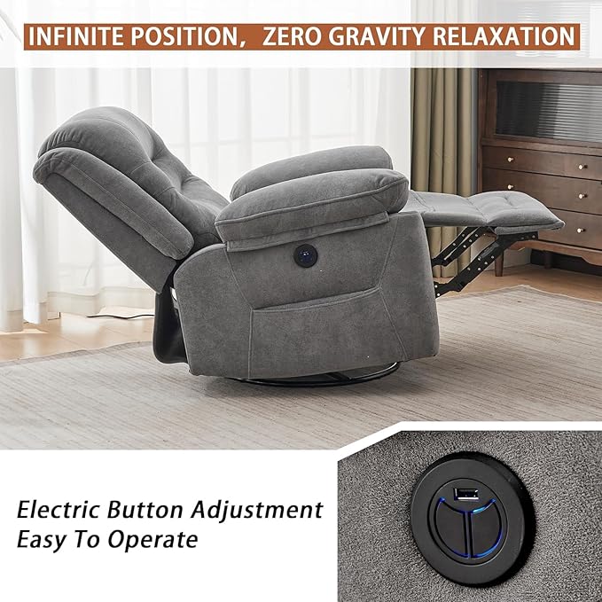 Power Swivel Rocker Recliner with Massage and Heat, USB Port, Infinite Position, Oversized Electric Glider Rocking Chairs Living Room, Soft Fabric Reclining Sofa Chair(Misty Gray)