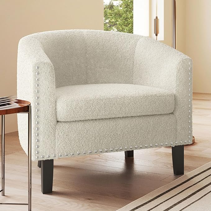 BELLEZE Living Room Chair, Upholstered Accent Chair, Barrel Club Chair with Silver Nail Head Trim & Black Legs, for Living Room Bedroom Reception Room- Kyara (White/Polyester)