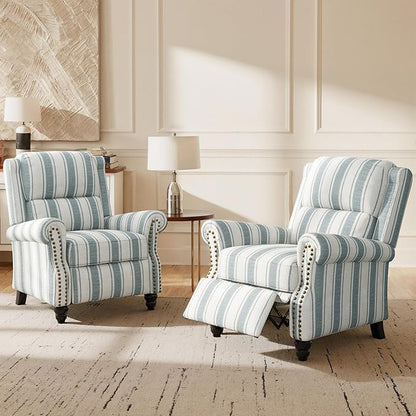 Lumibee Recliner Chairs Set of 2,Pushback Armchairs for Small Spaces,Adjustable Backrest & Footrest Accent Chairs in Comfy Fabric for Living Room, Bedroom-Stripe Bluee