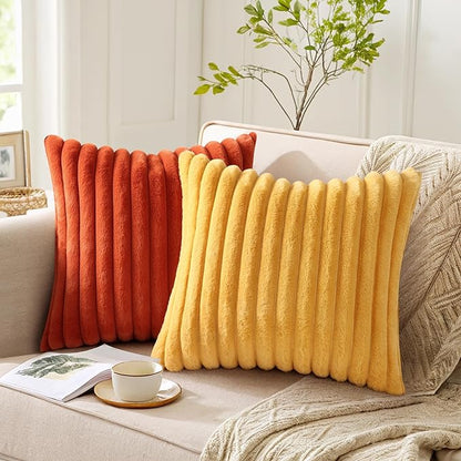 Pallene Faux Fur Plush Throw Pillow Covers 16x16 Set of 2, Luxury Soft Fluffy Striped Decorative Pillow Covers for Sofa, Couch, Living Room, Mustard Yellow