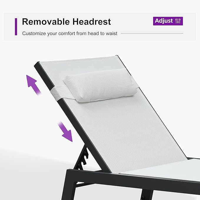 PURPLE LEAF Outdoor Oversized Lounge Chair Set of 3 Patio Chaise Pool Lounger Aluminum Frame with Side Table and Wheels for Outside Sunbathing Tanning Recliner Including Pillows White