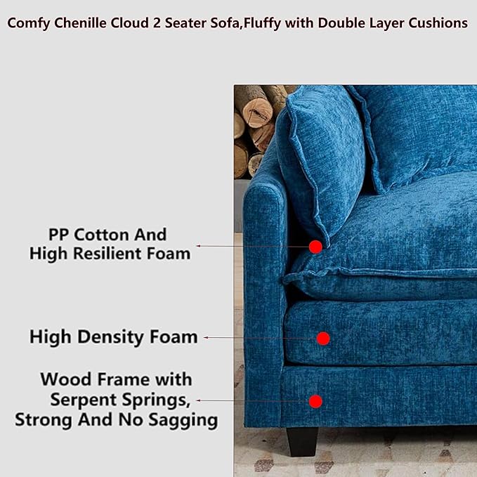 Aoowow Modular Sectional 2 Seater Cloud Sofa Couch for Living Room,78" Loveseat Couch with Deep Seat,Modern Chenille 2 Seat Sofas,Fluffy Small Couches for Bedroom,Small Spaces (Blue, 2 Seater)