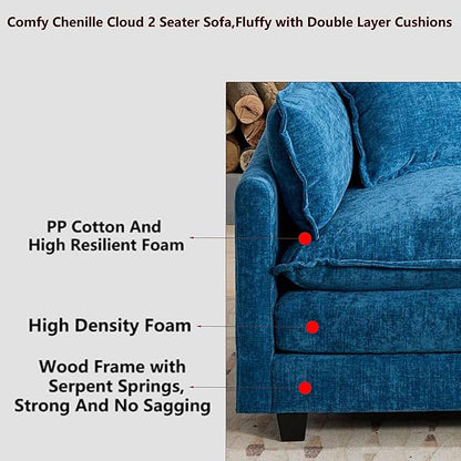 Aoowow Modular Sectional 2 Seater Cloud Sofa Couch for Living Room,78" Loveseat Couch with Deep Seat,Modern Chenille 2 Seat Sofas,Fluffy Small Couches for Bedroom,Small Spaces (Blue, 2 Seater)