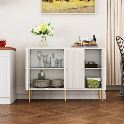 HLR Sideboard Buffet Cabinet, 48" Modern Accent Cabinet with 4 Door and Removable Shelves, Credenza with Storage for Living Room, Dinning Room, Entryway, White