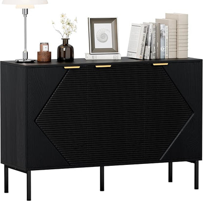 Sideboard Buffet Cabinet, Modern Storage Cabinets with Doors and Shelves, Wooden Fluted Cabinet for Living Room, Entryway, Kitchen(1, Embossed Black)