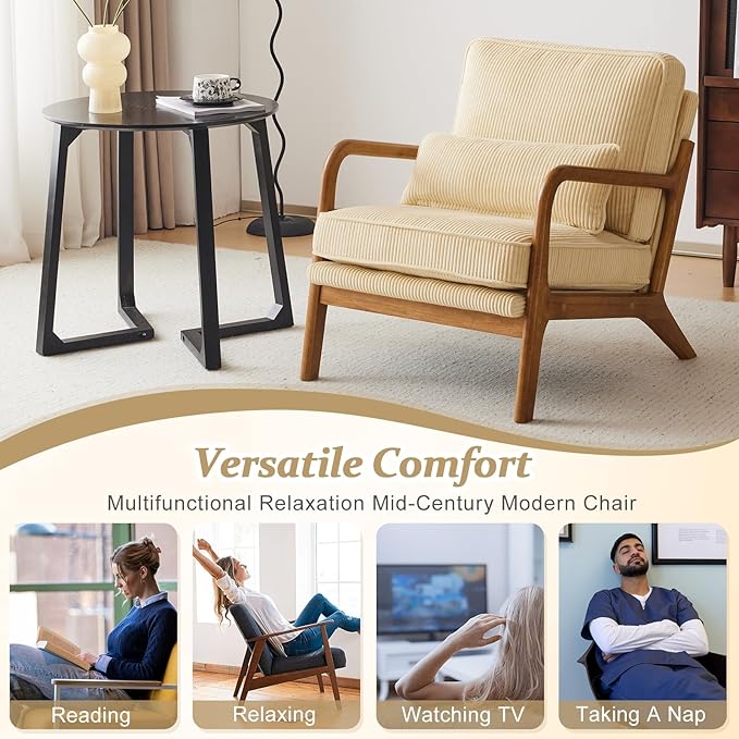 VINGLI Upgraded Premium Corduroy Accent Chair,Upholstered Arm Chair,Solid Wood Comfy Reading Chair with Lumbar Pillow, Mid Century Modern Chairs for Living Room,Bedroom,Guest Room,Dark Beige