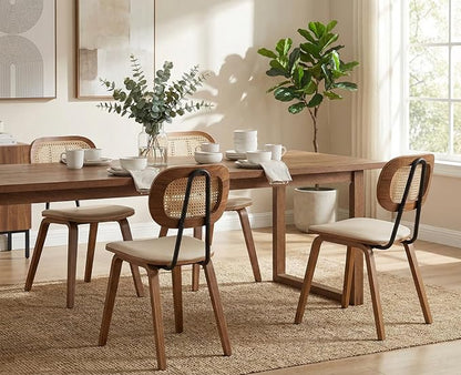 Mid-Century Dining Chairs Set of 4, PU Leather Kitchen Chairs with Rattan Backrest Wooden Legs Armless Design for Dining Room Living Room, Beige