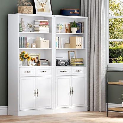 71.4" Tall Bookshelf with Drawers & Cabinet, 5-Tier Floor Standing Bookcase with Storage Doors, Adjustable Shelves & Metal Handles, 31.5" Wide Organizer for Home Office, Living Room