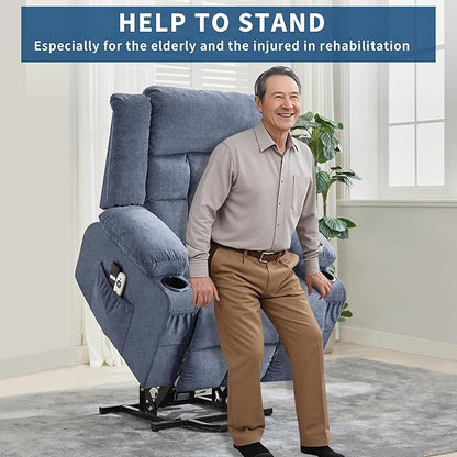 Large Power Lift Recliner Chair for Elderly Overstuffed Wide Electric Lift Chair with Heat and Massage for Big and Tall Adults Reclining Sofa Chair with 2 Cup Holders, Side Pocket, USB Port, Blue