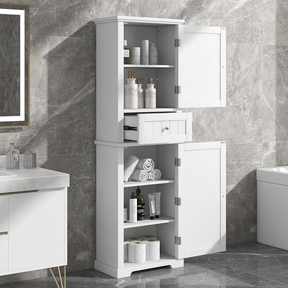 Tall Storage Cabinet, Bathroom Floor Freestanding Storage Cabinet with 2 Doors, One Drawer, and Adjustable Shelf for Bathroom, Office, Living Room, White