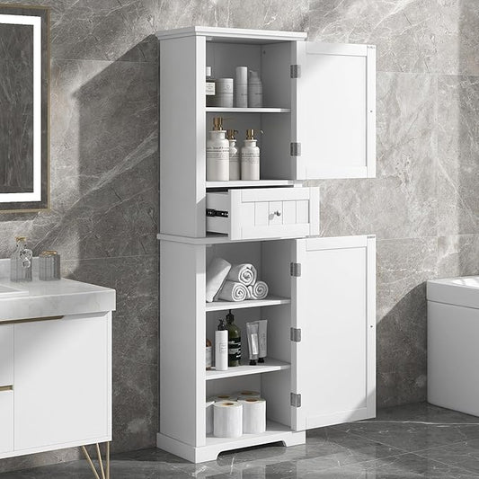 Tall Storage Cabinet, Bathroom Floor Freestanding Storage Cabinet with 2 Doors, One Drawer, and Adjustable Shelf for Bathroom, Office, Living Room, White