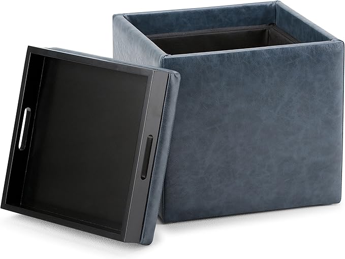 SIMPLIHOME Rockwood 18 inch Wide Contemporary Square Cube Storage Ottoman with Tray in Denim Blue Vegan Faux Leather, Assembled, For the Living Room, Entryway and Family Room