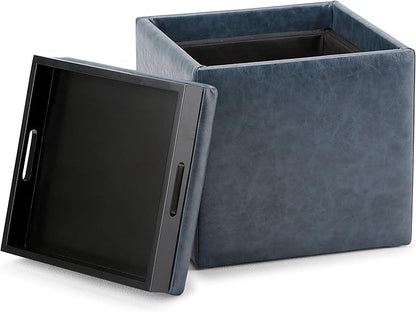 SIMPLIHOME Rockwood 18 inch Wide Contemporary Square Cube Storage Ottoman with Tray in Denim Blue Vegan Faux Leather, Assembled, For the Living Room, Entryway and Family Room