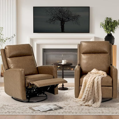 COLAMY Swivel Rocking Recliner,Wide PU Leather Glider Sofa Chair with Ergonomic High Backrest for Living Room,Bedroom（ Brown）