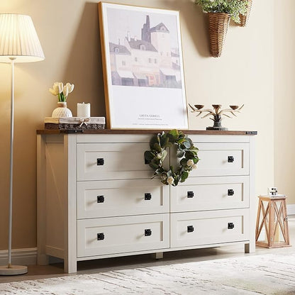T4TREAM Farmhouse 6 Drawers Dresser for Bedroom, Wood Rustic Wide Chest of Drawers, Storage Dressers Organizer for Bedroom, Living Room, Hallway, Antique White