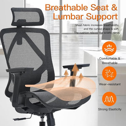 Ergonomic Office Chair with Lumbar Support, 3D Adjustable Armrest, Mesh Home Office Desk Chairs, Swivel Computer Chair, High Back Reclining Executive Office Chair,400lbs Capacity (Black)