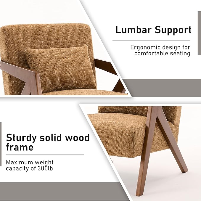 Mid Century Modern Accent Chair with Solid Wood Frame，Upholstered Chenille Living Room Arm Chairs with Pillow for Bedroom, Living Room, Reading Room, Balcony (2, Yellow)