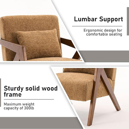 Mid Century Modern Accent Chair with Solid Wood Frame，Upholstered Chenille Living Room Arm Chairs with Pillow for Bedroom, Living Room, Reading Room, Balcony (2, Yellow)