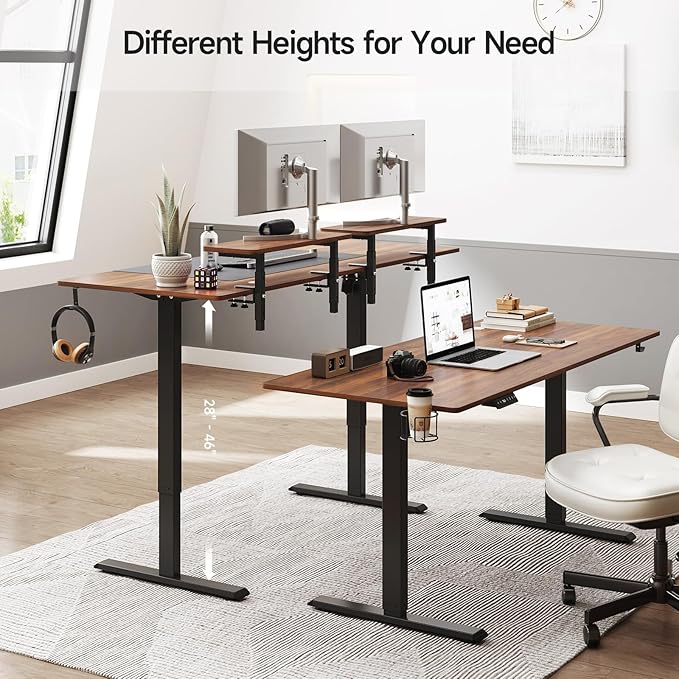 ONBRILL Standing Desk with 2 Adjustable Monitor Shelves, 55 x 24 Inches Electric Stand Up Desk with Memory Controller and Adjustable Height from 28-46 inches for Computer Workstations, Walnut