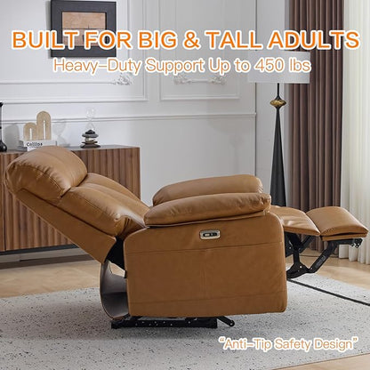 AEDI 450lbs Genuine Leather Power Recliner Chair for Big and Tall Adults Oversized Electric Reclining Sofa for Living Room,Extra Wide 27" Seat,USB Charging(Top Grain Leather,Camel)
