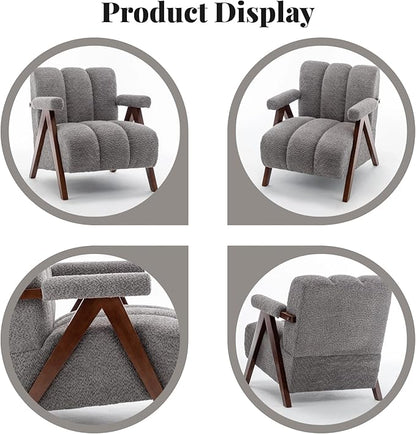 Mid Century Modern Accent Chair with Solid Wood Frame, Boucle Upholstered Living Room Chairs with Thick Cushion, Comfy Tufted Arm Chair for Bedroom, Grey