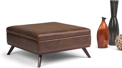 SIMPLIHOME Owen 36 inch Wide Mid Century Modern Square Coffee Table Storage Ottoman in Distressed Chestnut Brown Vegan Faux Leather, Assembled, for the Living Room, Entryway and Family Room