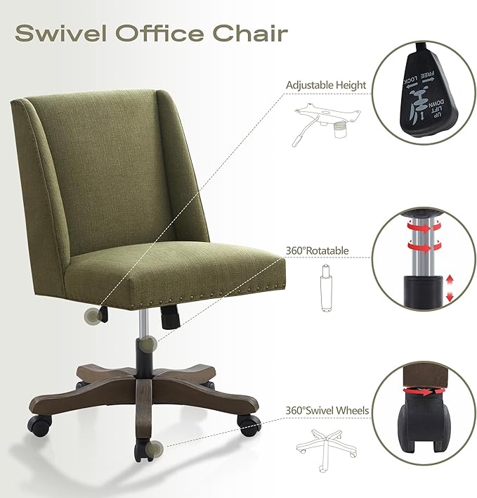 Upholstered Armless Office Chair with Wooden Legs, Modern Adjustable Home Office Desk Chair Computer Chair Swivel Chair for Home Office Study Studio (Green)