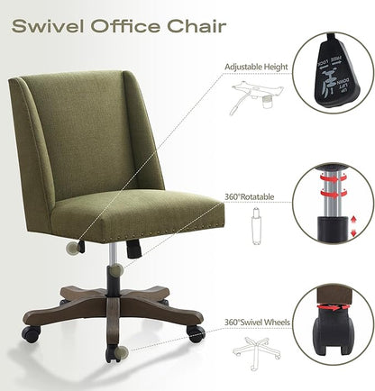 Upholstered Armless Office Chair with Wooden Legs, Modern Adjustable Home Office Desk Chair Computer Chair Swivel Chair for Home Office Study Studio (Green)