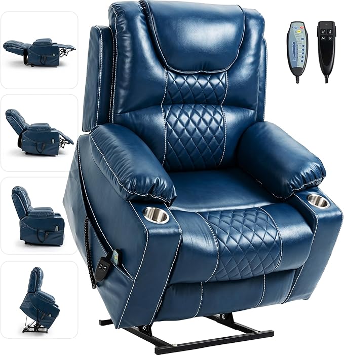 Large Power Lift Chairs Recliners for Elderly with Heated and Massage, Upgraded Dual Motor Lay Flat Recliners, 25in Extra Wide Seat, Cup Holder, Side Pocket
