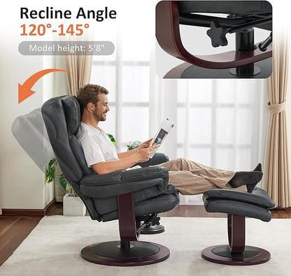 MCombo Oversized Swivel Recliner Chair with Ottoman, Adjustable Backrest, 360° Wood Base, High Seat, Faux Leather Lounge Chair for Tall Users in Living Room, Bedroom, or Office 4651 (Dark Grey)