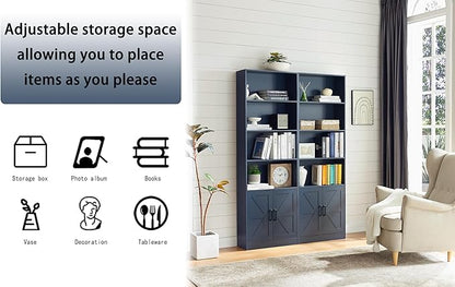 70in Tall Bookshelf 6 Tier Bookcase with Barn Doors and Adjustable Shelf, Blue Farmhouse Book Shelves with Storage Cabinet, Wood Floor Standing Display Bookshelve for Bedroom,Living Room,Kitchen