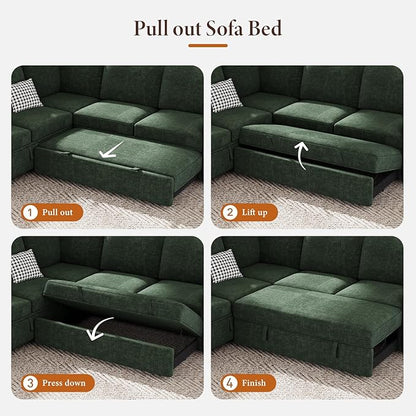 Vesgantti 113.6" Modular Sectional Sofa with Pull Out Couch Bed, 7 Seater U Shaped Sleeper Sofa with Storage Chaise, Chenille Sectional Couch for Living Room, Bedroom, Apartment, Green