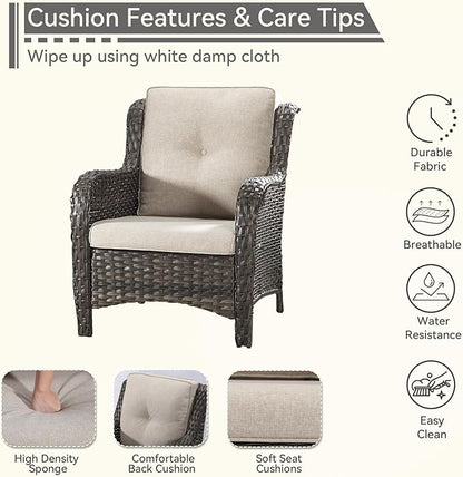 Patio Wicker Chairs Set of 2, Patio Rattan Dining Chairs with 3.5-inch Seat Cushions, High Back and Curved Armrest for Garden, Backyard, Balcony and Deck, Beige