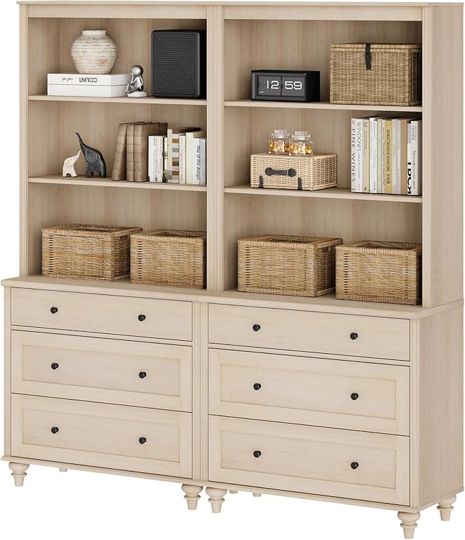 WAMPAT 3 Tier Bookshelf with 3 Drawers, 72" Tall Bookcase Large Farmhouse Display Book Case Shelf with 3-Tier Open Book Shelfs，Library Wood Bookshelves for Living Room,Kitchen, Light Oak(2PCS)