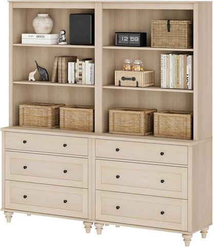 WAMPAT 3 Tier Bookshelf with 3 Drawers, 72" Tall Bookcase Large Farmhouse Display Book Case Shelf with 3-Tier Open Book Shelfs，Library Wood Bookshelves for Living Room,Kitchen, Light Oak(2PCS)